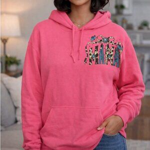 Pink "Mama" Graphic Sweatshirt  Pullover Hoodie Teal and Cow Print Size: Medium